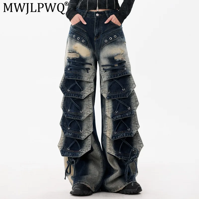 MWJLPWQ Drawstring Hole Wide-Leg Workwear Jeans For Unisex 2026 New Autumn Patchwork Design Punk Oversized Trousers 21473