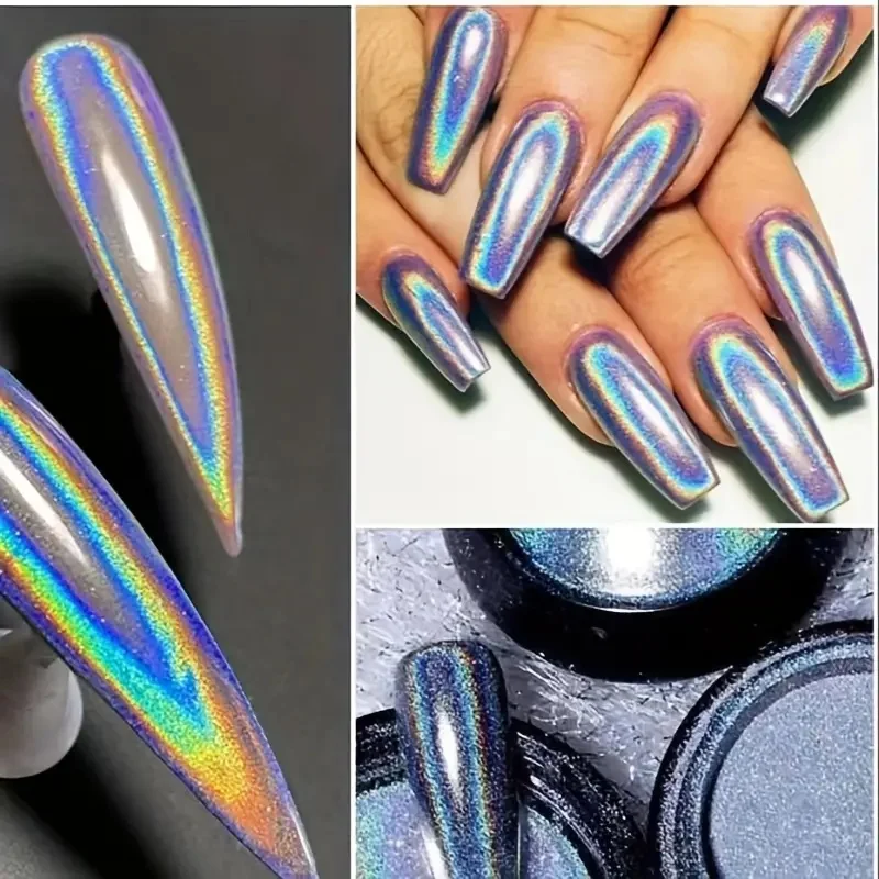 1Jar Holographic Mirror Nail Glitter Powder Extra Fine Laser Effect Chrome Nail Powder Shiny Aurora Mirror Pigment Dust For Nail