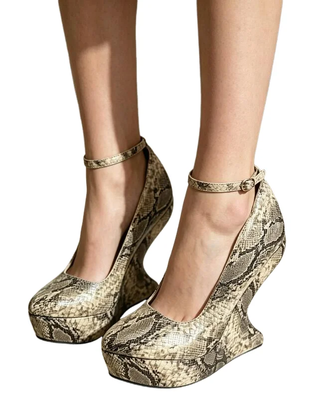 Sexy Beige Python Leather Abnormal Platform Heel Pumps Strange Wedge Heels Women Suede Ankle Strap Banquet Zapatos Outfit Shoes