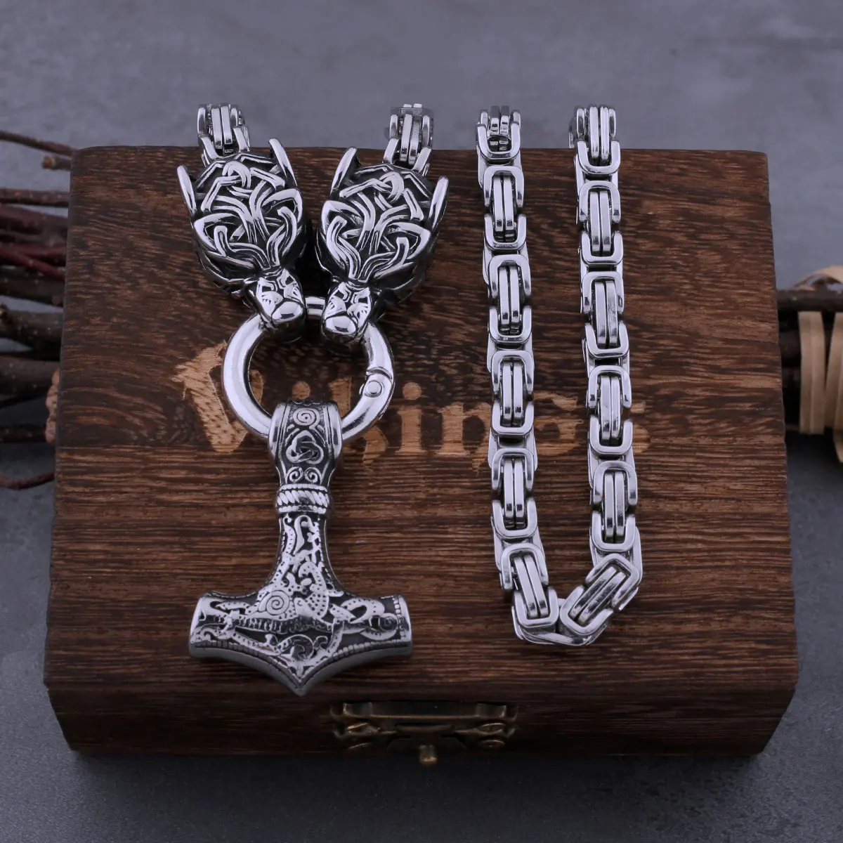 Viking Stainless Steel Wolf Head Thor's Hammer Necklace Men Punk Hip Hop Thick Chain Necklace Nordic Amulet Rune for Boyfriend