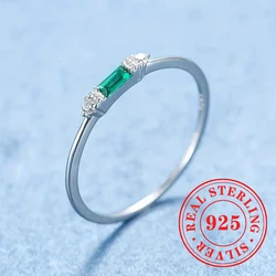 Huitan Minimalist 925 Sterling Silver Women Rings with Green Rectangle Cubic Zirconia Simple Stylish Rings Low-key Daily Jewelry