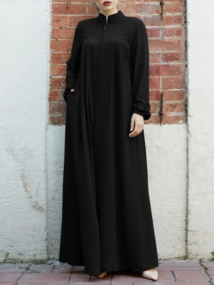 Jalabiya Dress Women Long Sleeve Muslim Eid Casual Stand Collar Abaya Caftan Kaftan Dresses Ramadan Abayas Vestido Zipper Robe