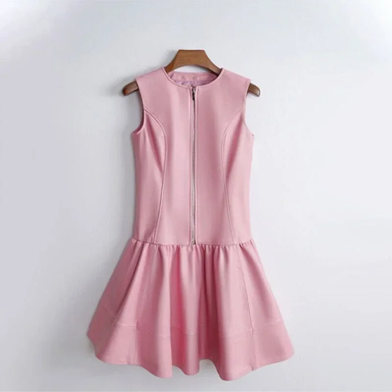 Lambskin Dress for Women 2023 New Round Neck Sleeveless Genuine Leather Pink Skirt Tierred Folded A-line Pullover Vestido