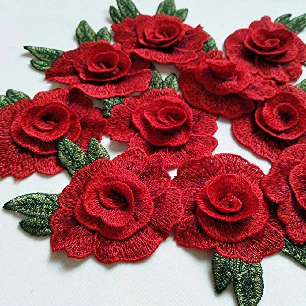 11Pcs Red Rose Applique Flowers Lace Patch Embroidered Sew on Clothes Bags Handmade DIY Accessory Clothes Decal