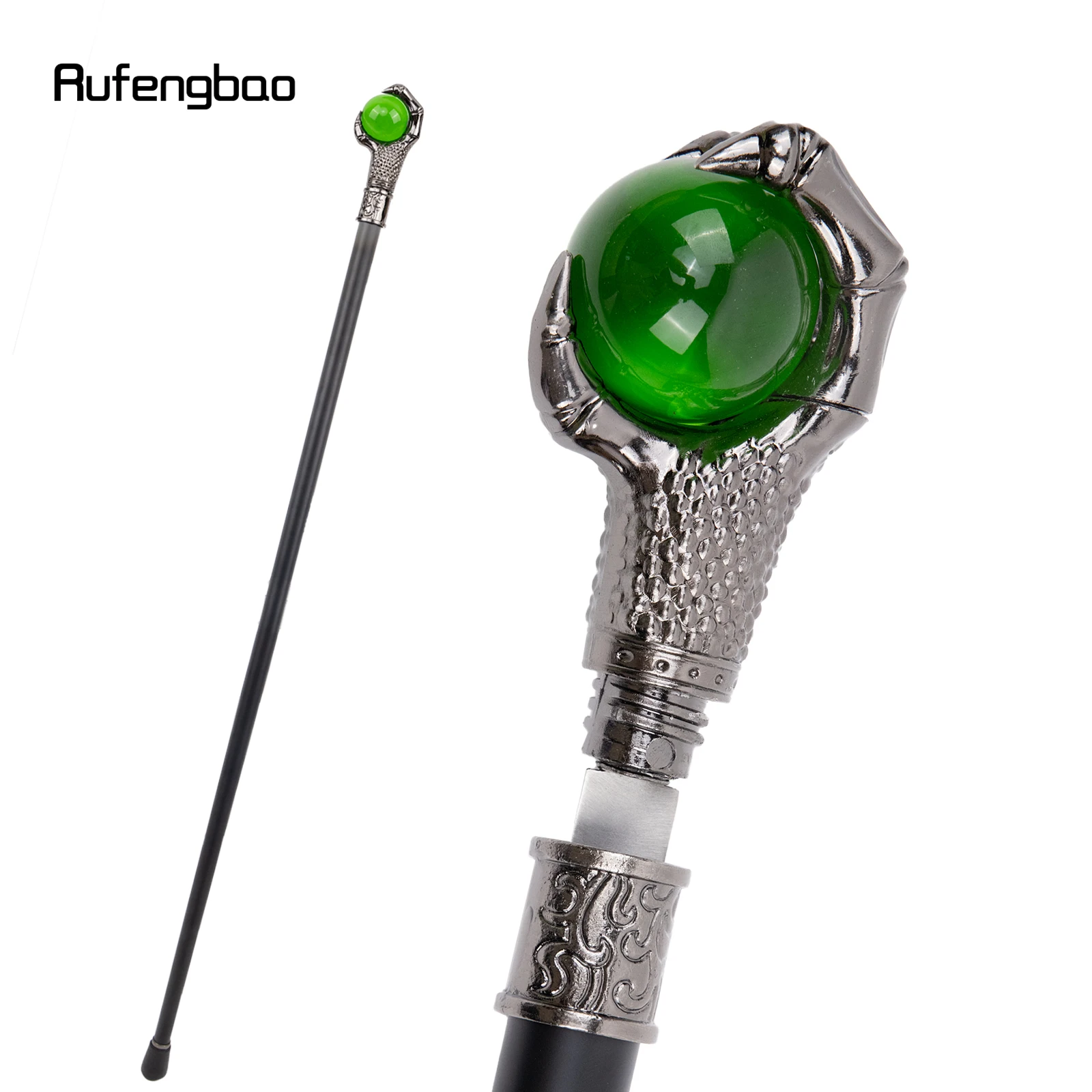 Dragon Claw Grasp Green Glass Ball Single Joint Silver Walking Stick with Hidden Plate Self Defense Cane Cosplay Crosier 93cm