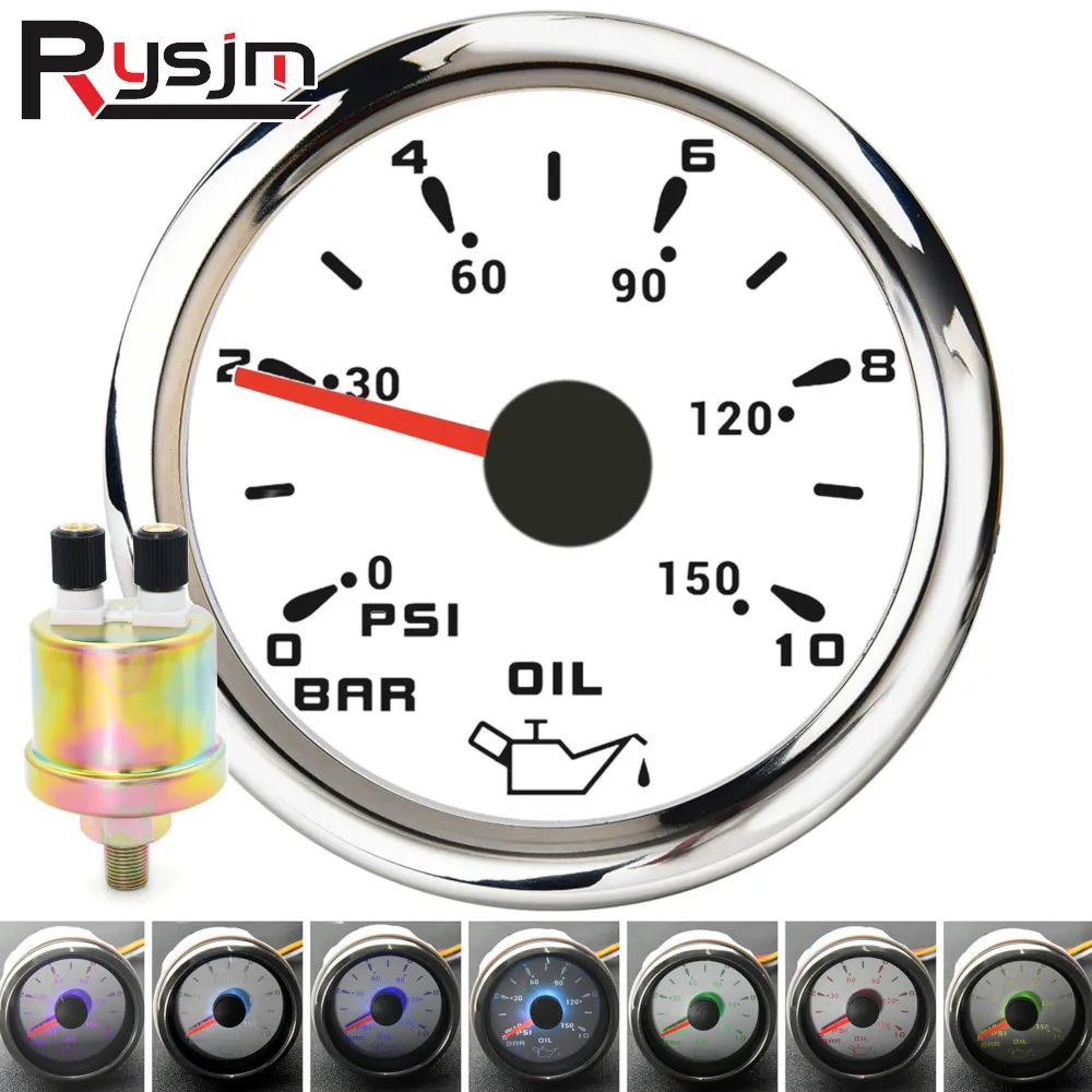 

HD 2" 52m Oil Pressure Gauge Meter 0-10Bar 0~150PSI With 7 Colors LED Backlight 1/8NPT Oil Press Sensor For Boat Car Truck 9-32V