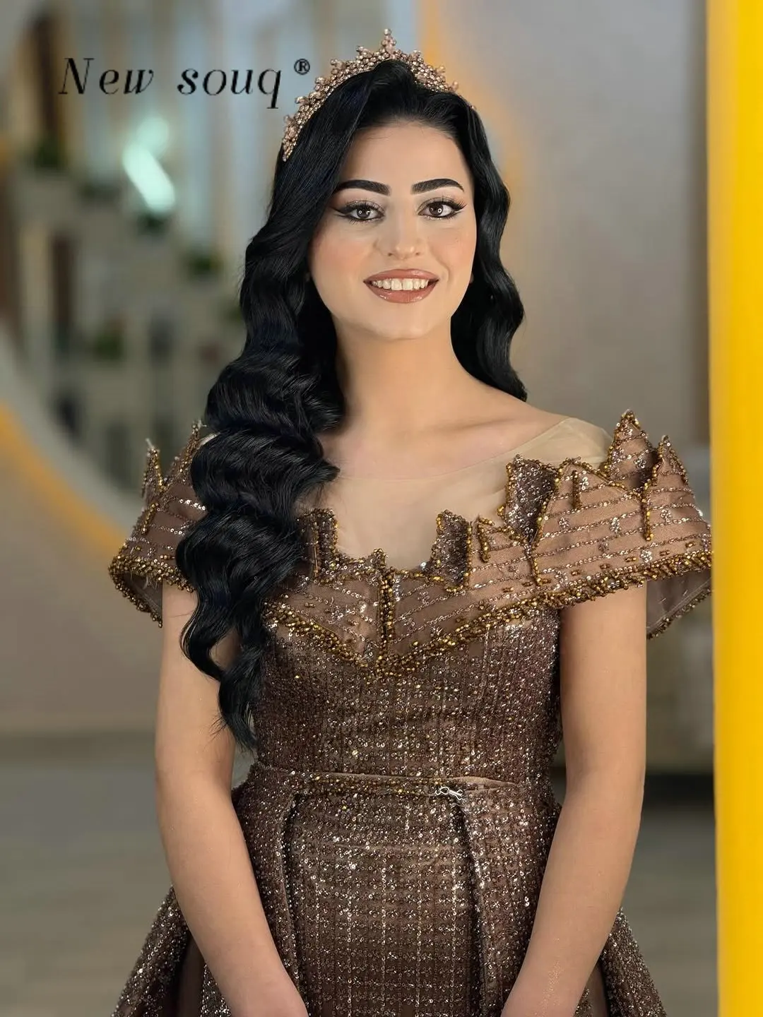 

Elegant Brown Off Shoulder Evening Dresses Middle East Formal Arabic Two Pieces Wedding Night Prom Party Gowns Customized