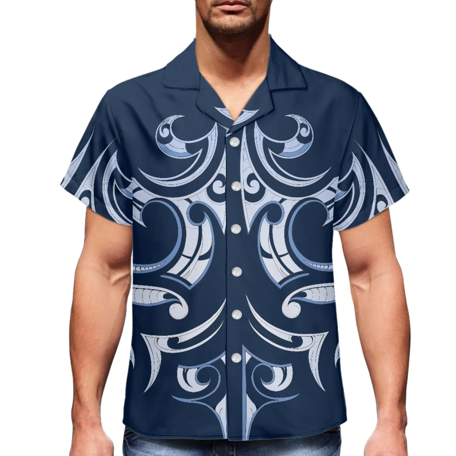 Wing Blue Print Design New Polynesian Style Luxury Men's Shirt V-Neck Men's Short Sleeve Hawaiian Sport Shirt 2023 Summer Wear