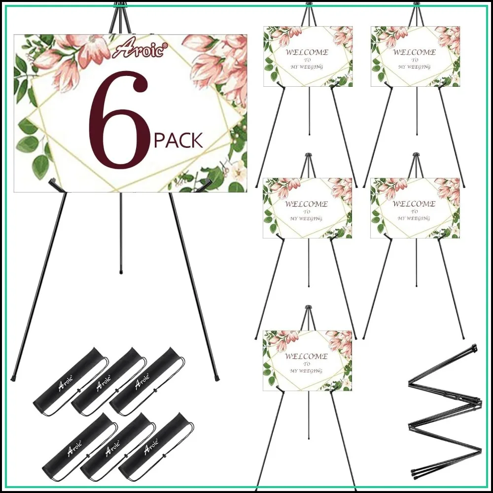 

63" Foldable Metal Easel Stand for Display, 6 Pack with Storage Bags, Adjustable Floor Easels for Signs, Art, Weddings