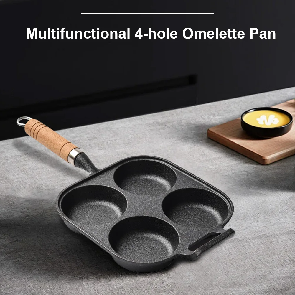 4 Hole Cast Iron Omelet Pan Heart-Shaped Non-Stick Egg Pancake Steak Pan Cake Maker Frying Pan Breakfast Grill Cooking Pot