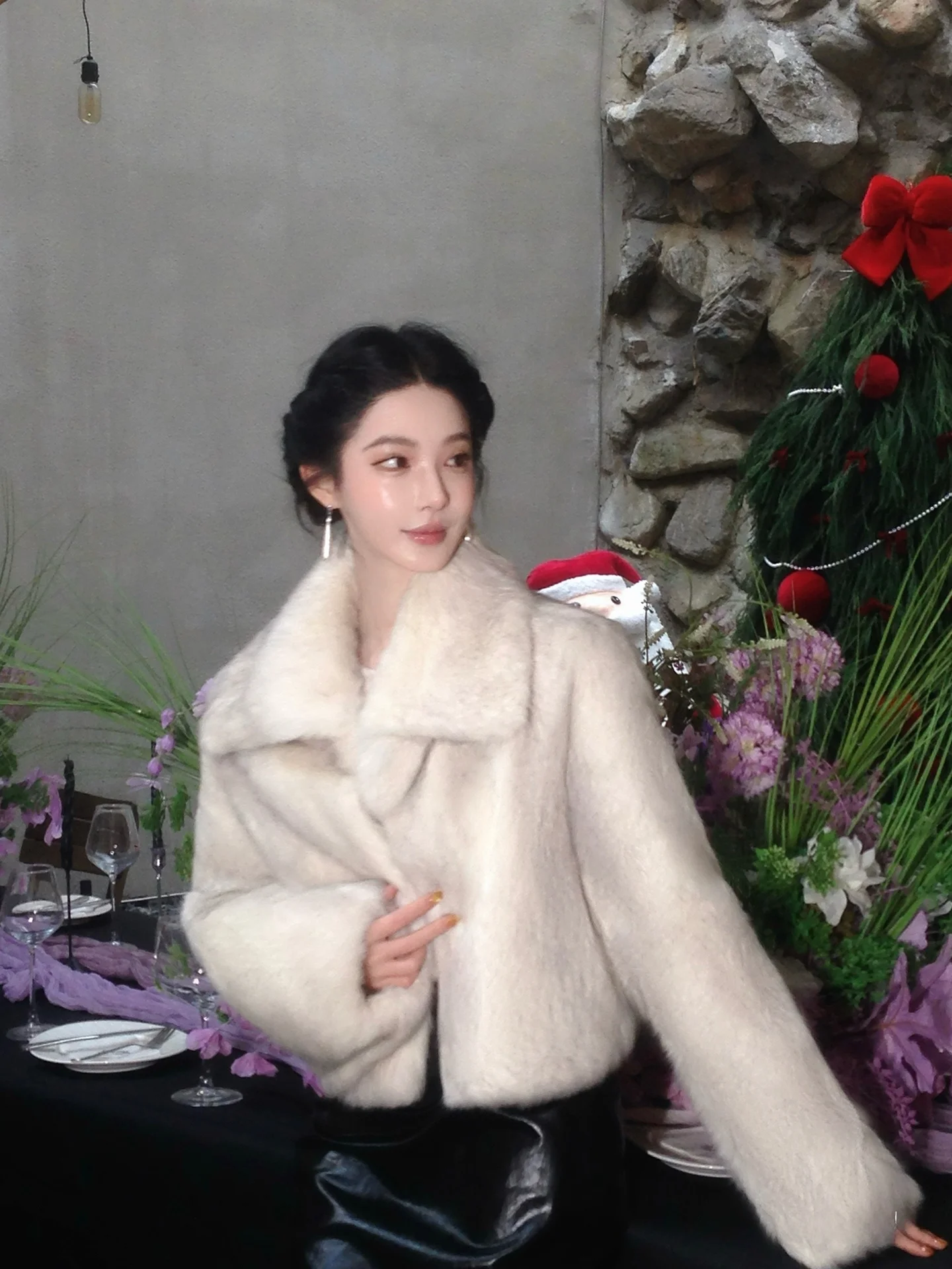 

Alin Iceberg Sea 00% Angora Rabbit Fur ort Coat Women's Winter Thiened Collar Luxury Outerwear Light Luxury Sle Button...