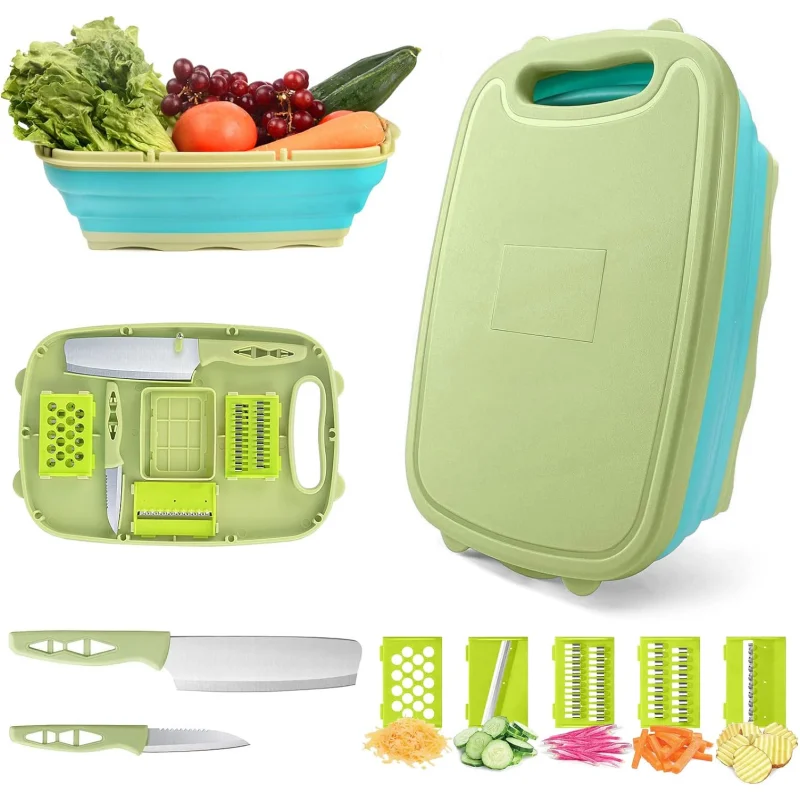 Camping Cutting Board Collapsible Chopping Board with Colander 9-In-1 Multi Chopping Board Kitchen Vegetable Washing Basket