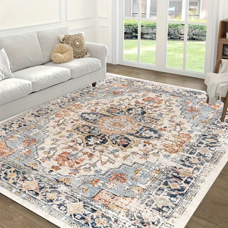 

Bohemian Vintage Area Rug Non-Slip Mat with Intricate Floral Pattern, Soft Mat for Living Room, Bedroom, Kitchen, Office Decor