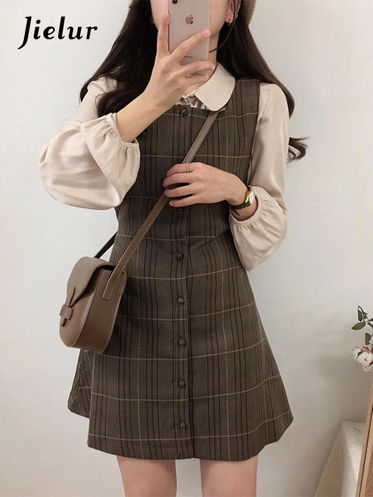 Jielur Cute Mini New Year Date Dresses Sleeveless Vest Women Korea Japanese Style Design Retro Vintage Plaid Button Shirt Dress