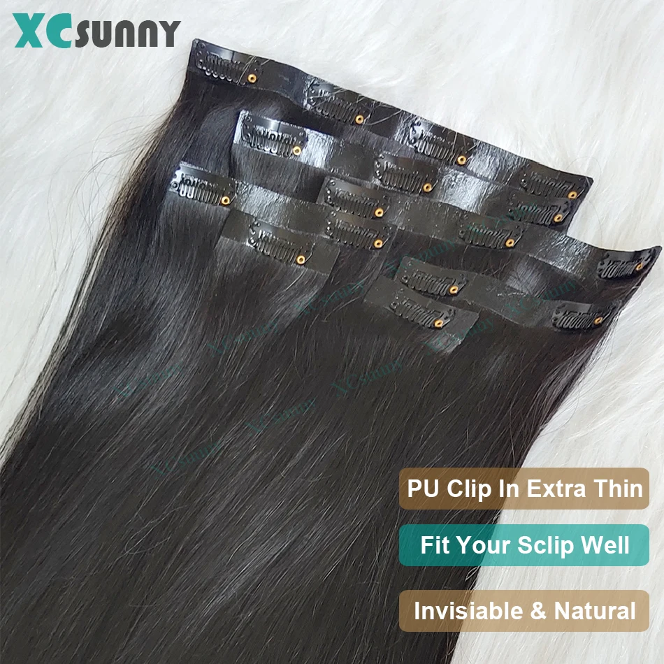 Seamless Straight Clip Ins Human Hair PU Clip In Hair Extensions Human Hair Double Drawn Skin Weft Clip In For Women 100g-240g