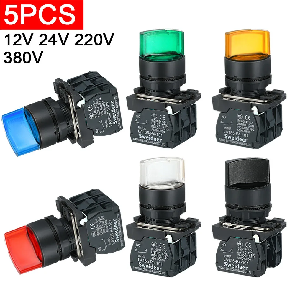 

5 шт., 22 мм, ручка переключателя XB4 со светодиодом, 2/3 положения, самоблокирующийся, 1НО, 2НО, 1НО, 1НЗ, выбор, поворотный переключатель с подсветкой, 12 В, 24 В, 110 В, 220 В
