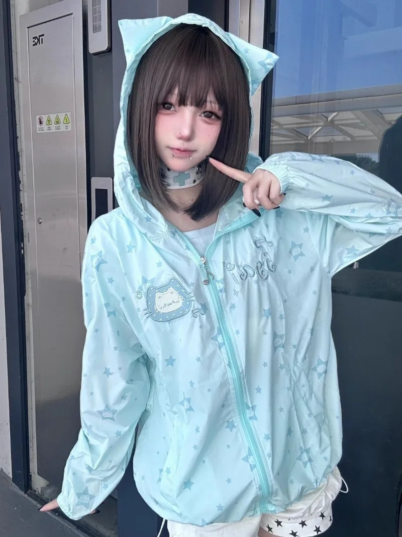 Women's Y2K Summer Thin Cute Cat Ear Hoodie with Star Pattern & Cat Embroidery Sun Protection Zipper Sweatshirt Cutecore Jacket
