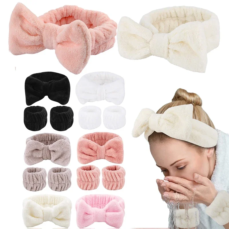 

Women Wash Face Headband Hair Holder Soft Wash Face Wristband Absorb Water Coral Fleece Bow Hairbands Set Face Wash Accessories