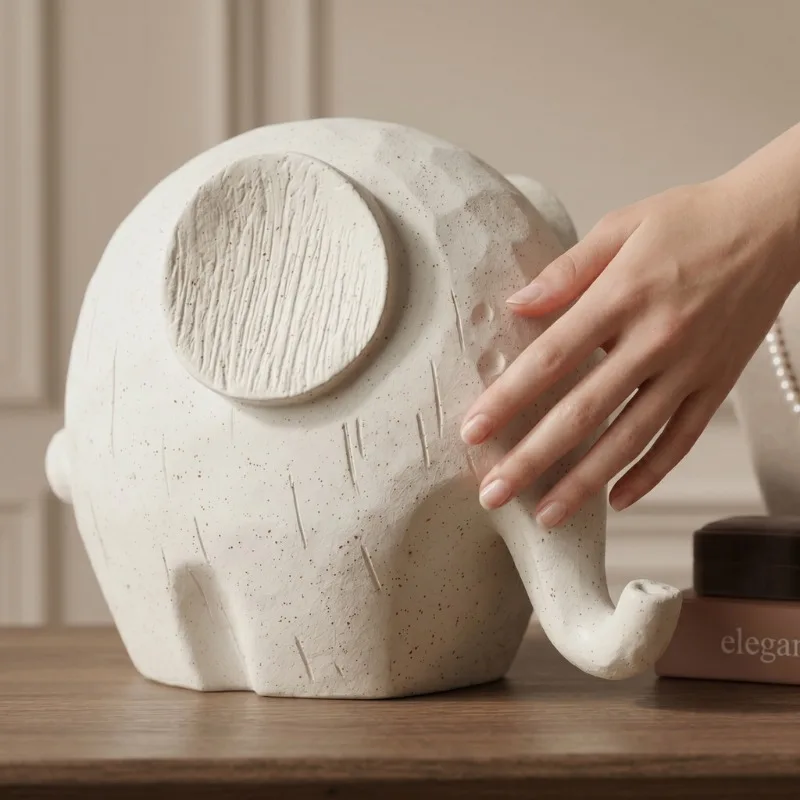 Modern Cream Elephant Ornament, Niche Textured Desktop Statue, Soft Home Decor Craft for Living Room Entryway Sideboard