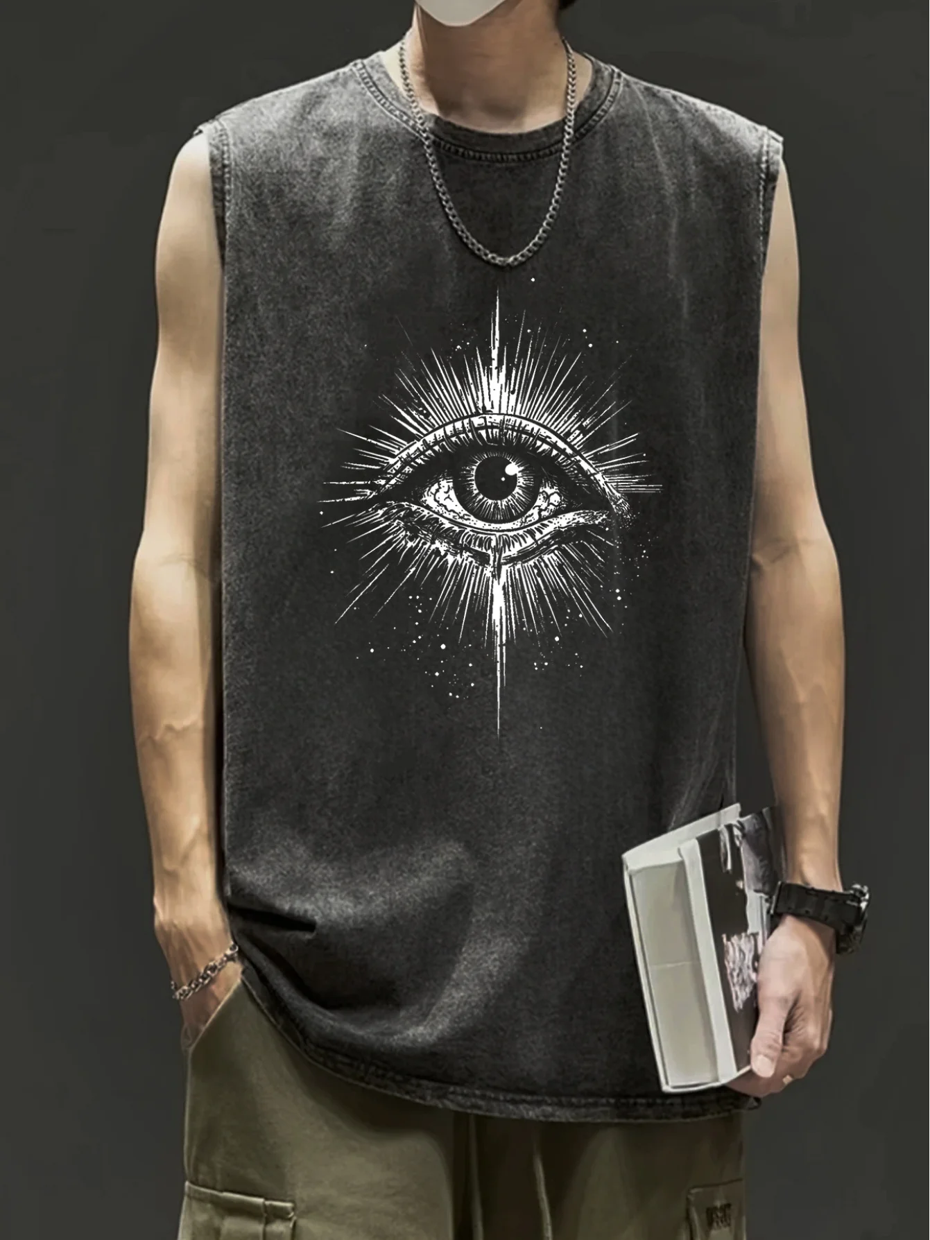 

Men's Sleeveless Graphic Vest Loose Fit Black and Grey Eyeliner Art Print Lightweight Summer Street Style Casual Wear