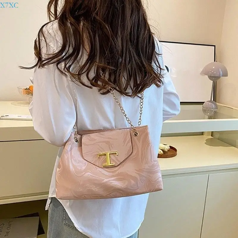 X7XC Elegant Women Crossbody Bag with Chain Strap PU Leather Shoulder Bag Metal Decoration Casual Shopping Underarm Purse
