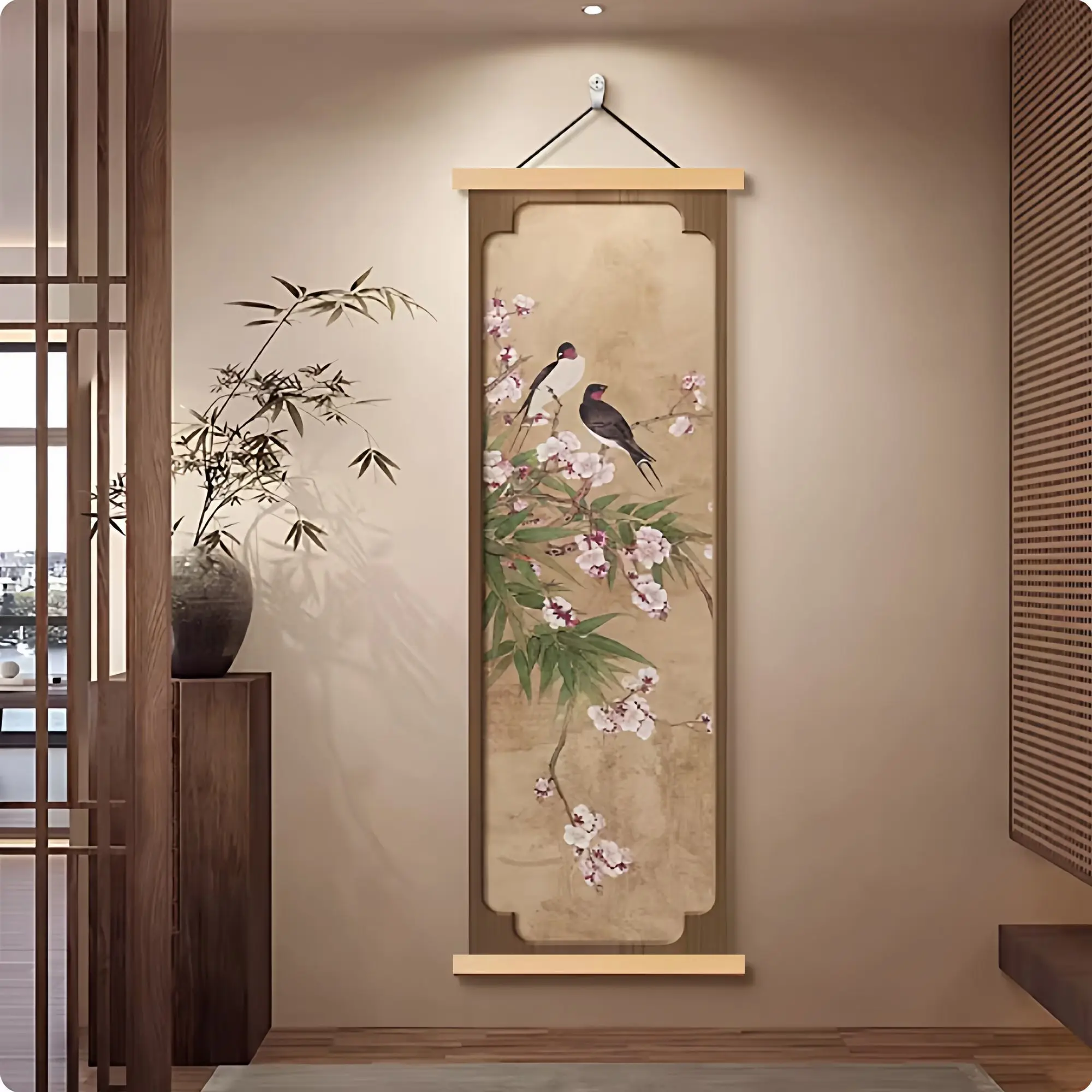 Wall Art Song Inspired Bamboo Botanical Pearlescent Canvas Hanging Scroll with Wooden Rods for Chinoiserie Entryway