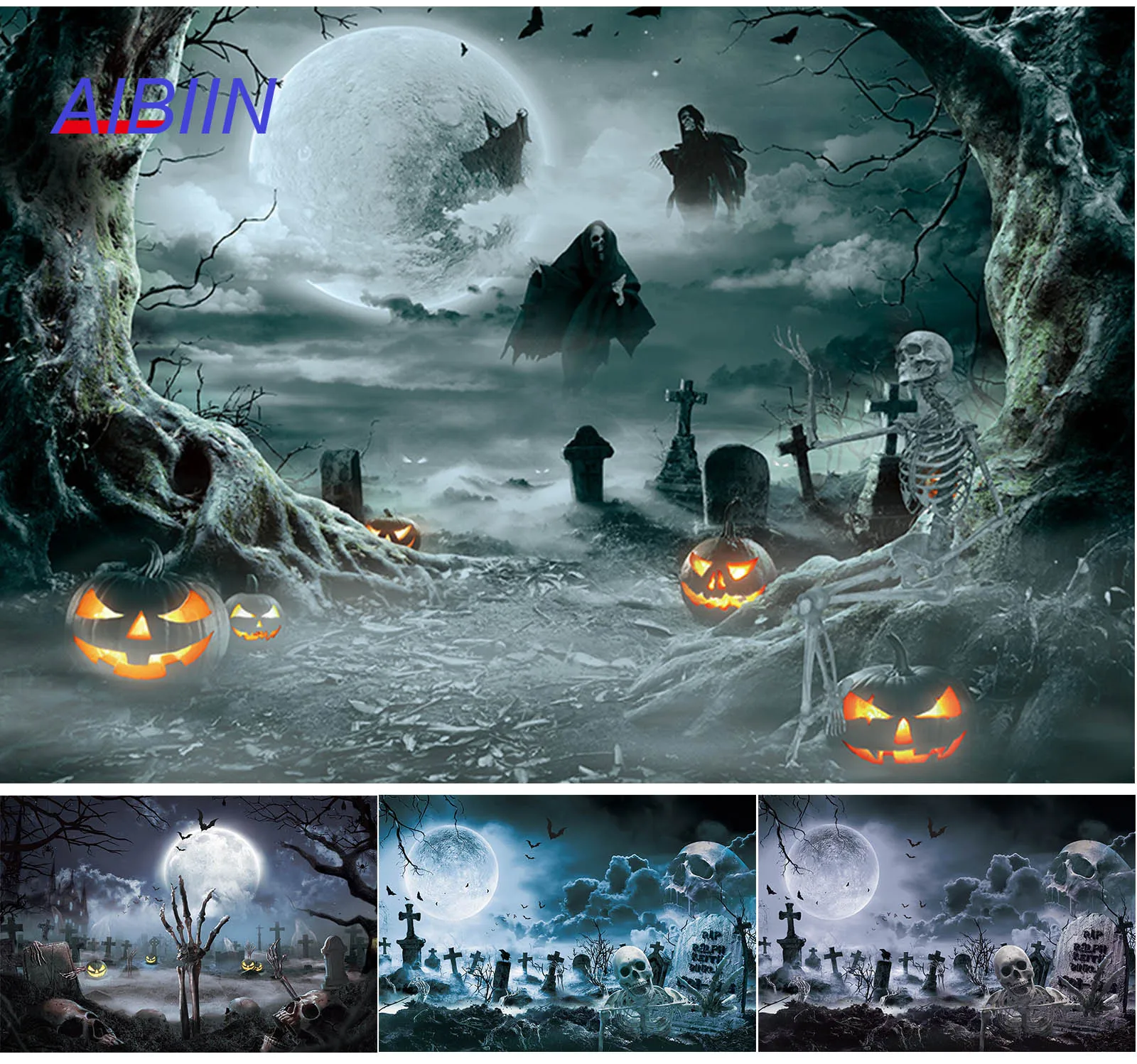 Halloween Photography Background Horror Night Scary Forest Pumpkin Lantern RIP Skull Spooky Party Decor Backdrop Photo Studio