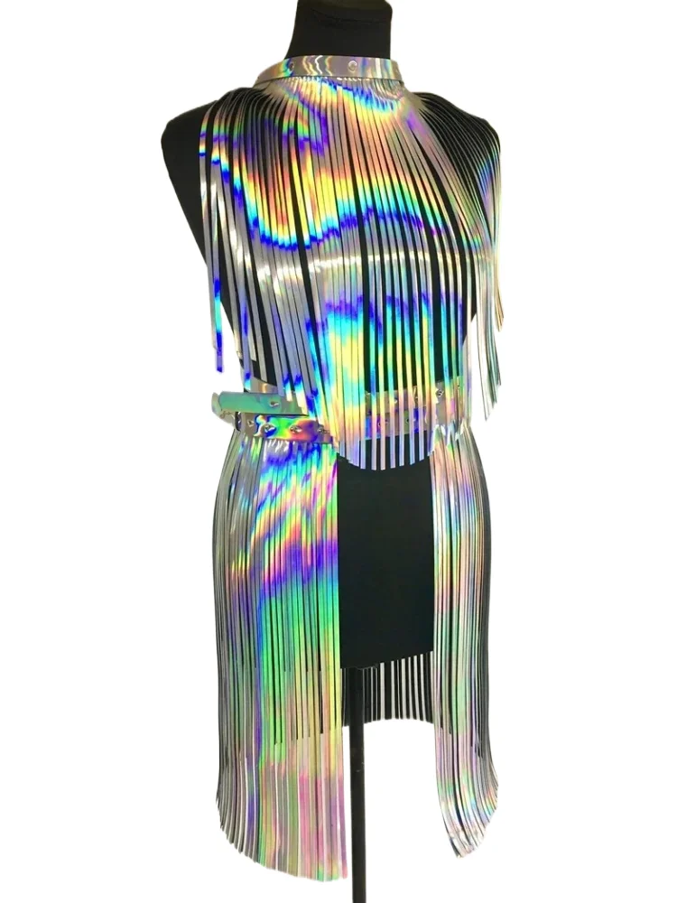 

Concert Shiny Tassel Reflective Dress Belt Fashion Sexy Adult Women Role Play Leather Tassel Girl Group Stage Performance Set