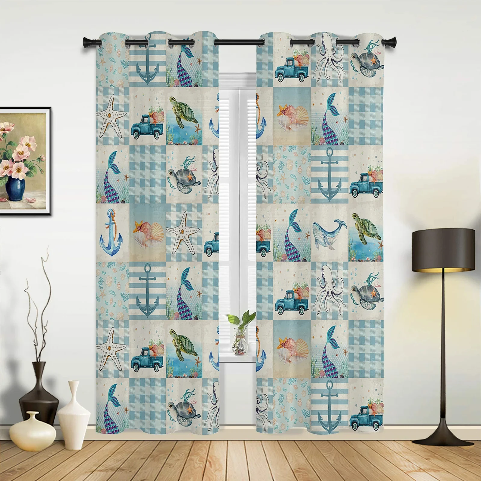 New Style Undersea Animal Style Bedroom High Blackout Curtains Blue Plaid Pattern Home Thick Clackout Drape Living Room Curtain