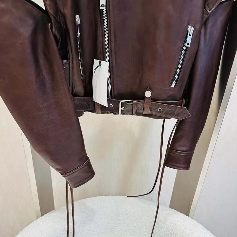 Women Coat Spring And Autumn 2023 Short Length Genuine Leather Jacket With Belt Vintage To Do Old Craft Sleeve Removable