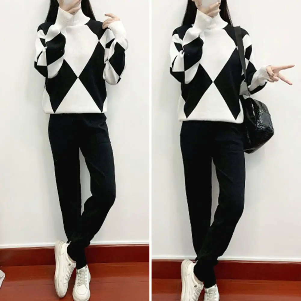 Ladies Two piece Suit Geometric Print Sweater Pants Set with High Collar Neck Winter Fall Suit for Women Knitted