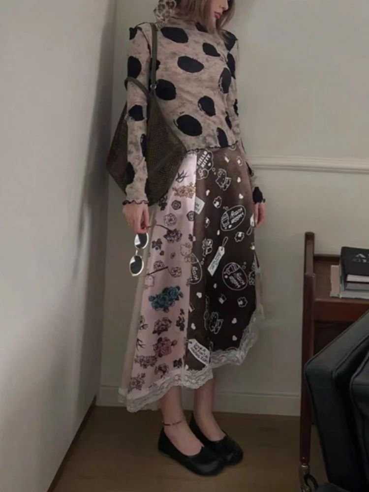 Cartoon  Pattern Printed Half Skirt Color Block Lace Splicing Asymmetrical Slash Cut mid Length A-Line Skirt High Waist