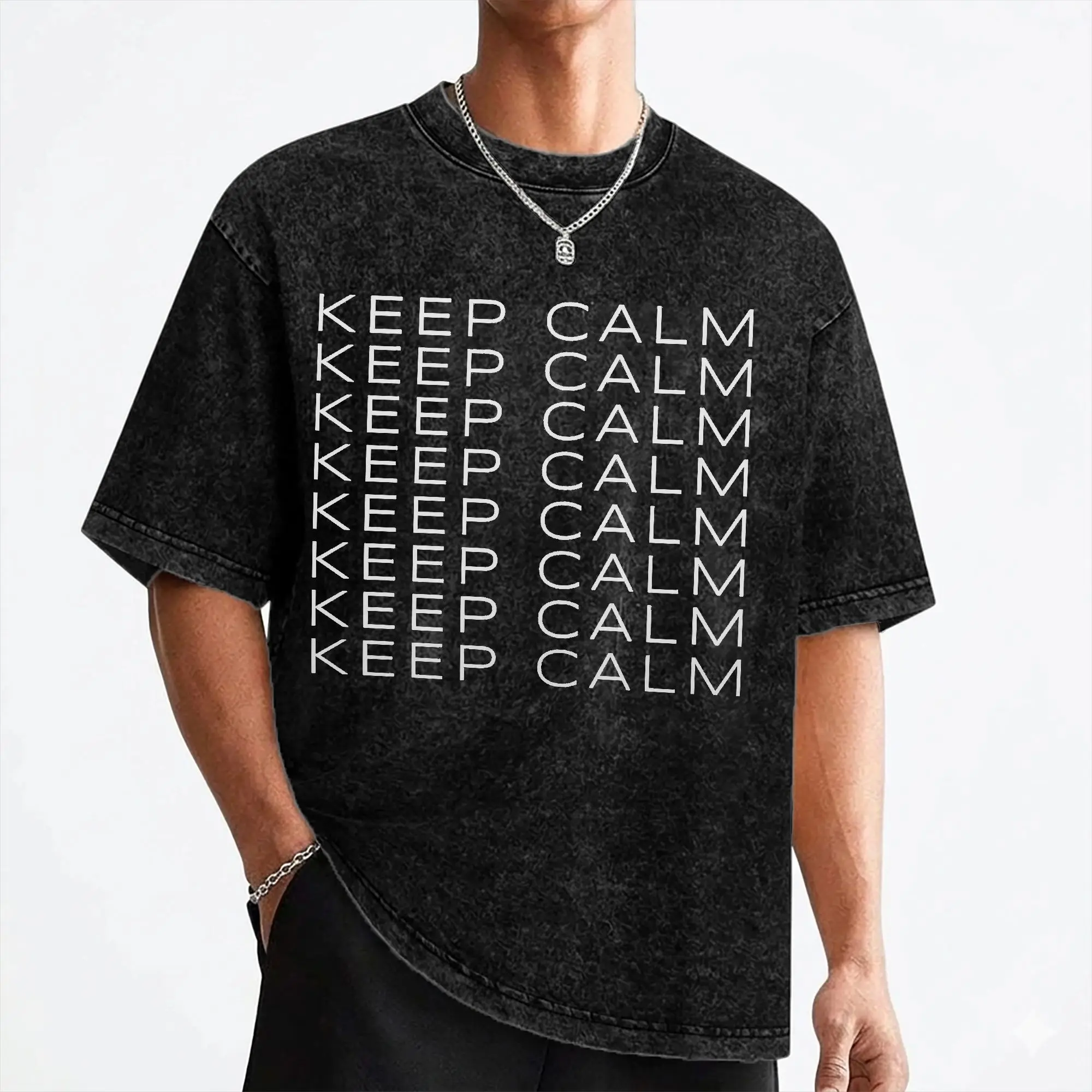 Washed T Shirt Keep Calm Positivity Mantra Mental Health Hip Hop T-Shirt Harajuku Streetwear Short Sleeve Printed Tops Tees Men