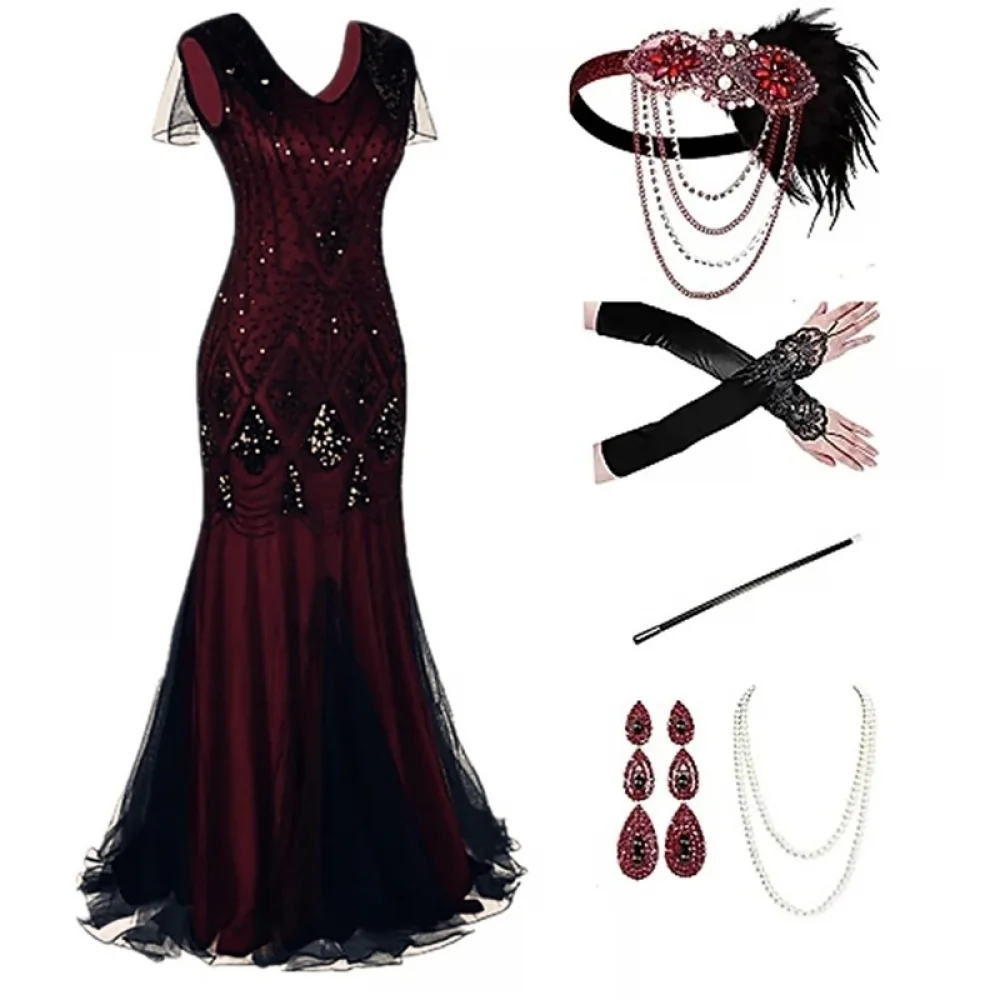 Women's 1920s Flapper Dress Vintage Lace Fringed  Cocktail Dress with 20s Accessories Set for Halloween Carnival Party