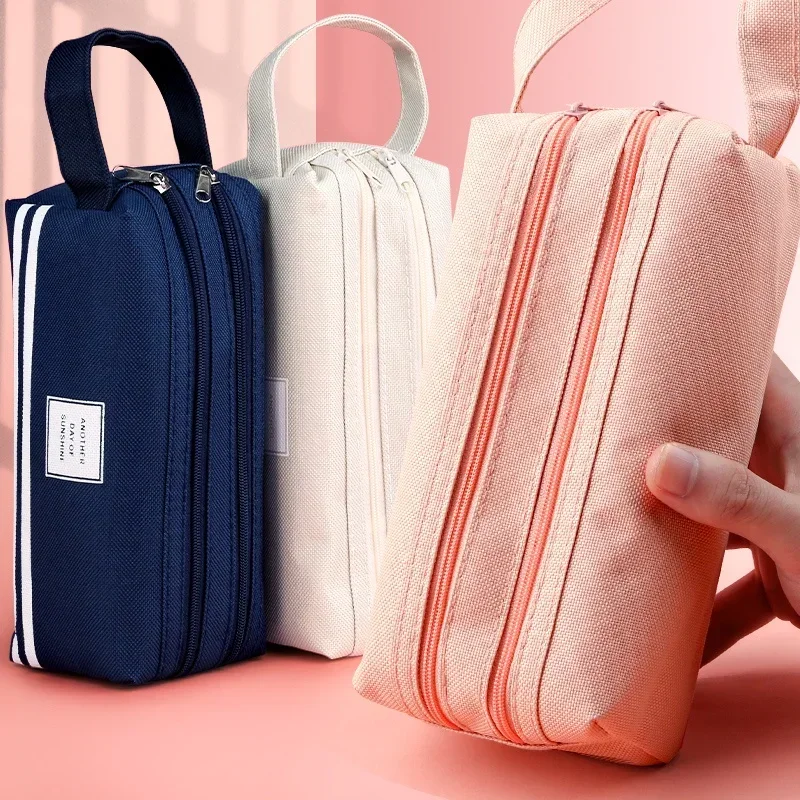Large Capacity Pencil Cases Double Layer Simple Canvas Bags for Girls Back to School School Office Supplies Stationery image 4