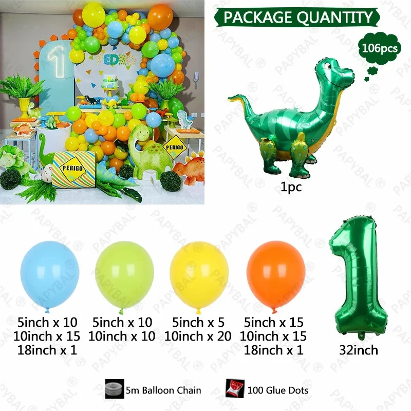 106pcs Dinosaur Birthday Party Decoration Balloons Arch Garland Kit 32inch Green Number Foil Globos for Kid Baby Shower Decor