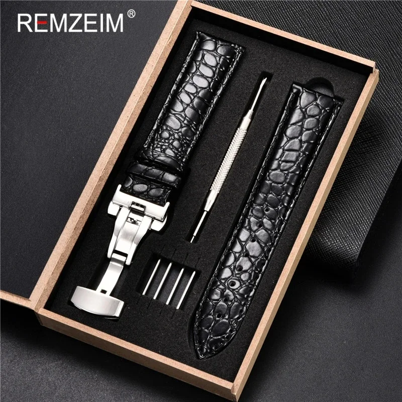 REMZEIM 16 17 18 19 20 21 22 24mm Universal Replacement Genuine Leather Watchband Strap for Men Women With Watchband Box