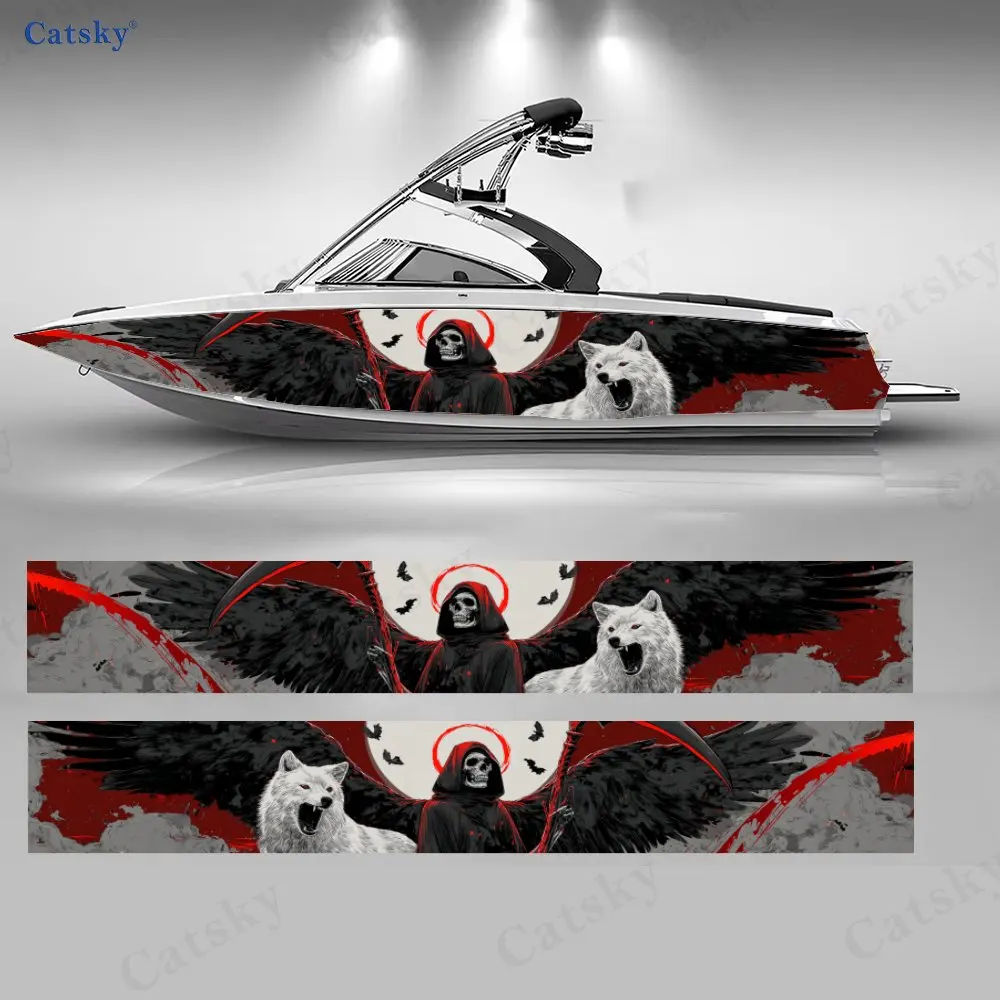 2Pcs Wolf Howl Grim Reaper Boat Stickers, PVC Waterproof Durable Vinyl Wrap Decals for Fishing Boats, Durable and Stylish Design