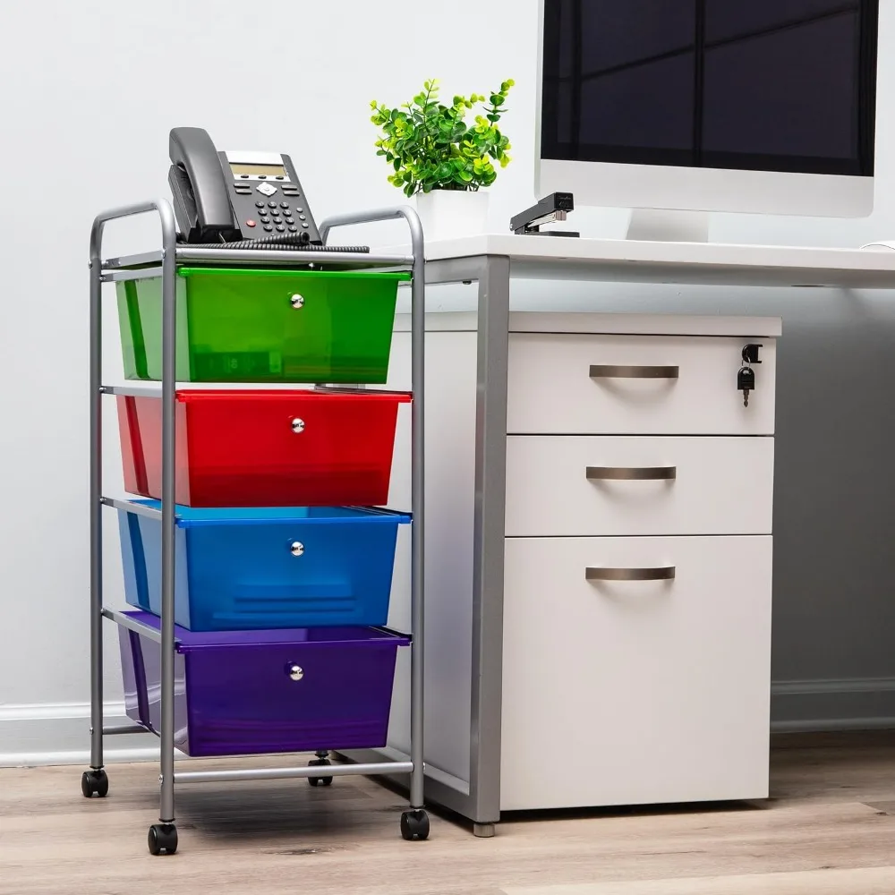 Multi-Color Rolling Utility Cart with 4 Drawers, Metal Frame Craft Storage for Kitchen Office, 12.75x15.25x30 Inches