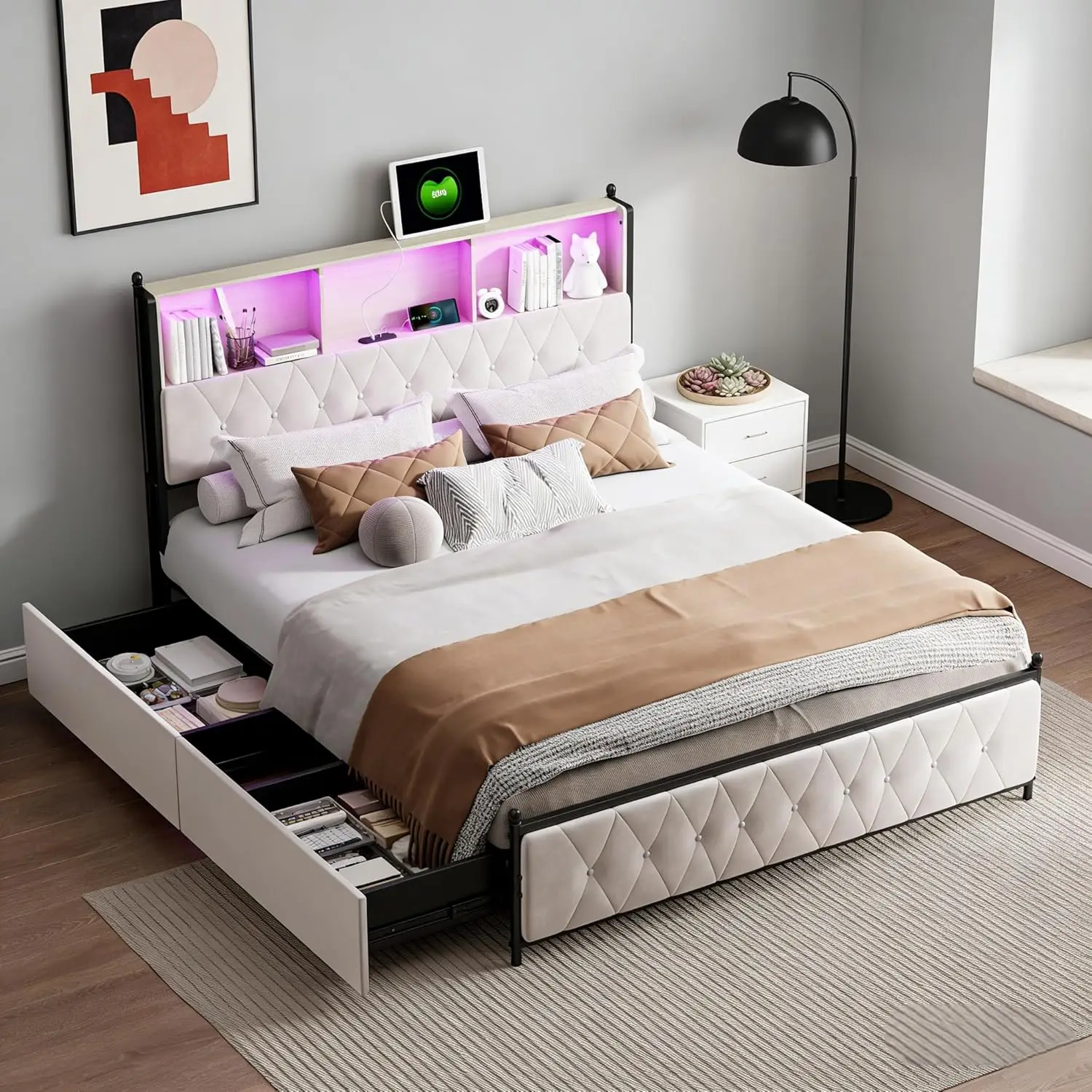 Fangange gestoffeerd bed 180x200cm met opbergruimte, tweepersoonsbed met LED en USB, jeugdbed met 4 lades, fluweel