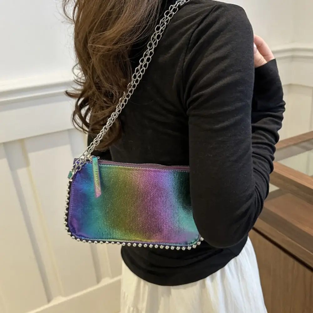 العصرية بو الجلود تحت الإبط حمل حقيبة الكورية نمط مربع خمر حقيبة كتف برشام ملون حقيبة يد فاخرة التسوق #3