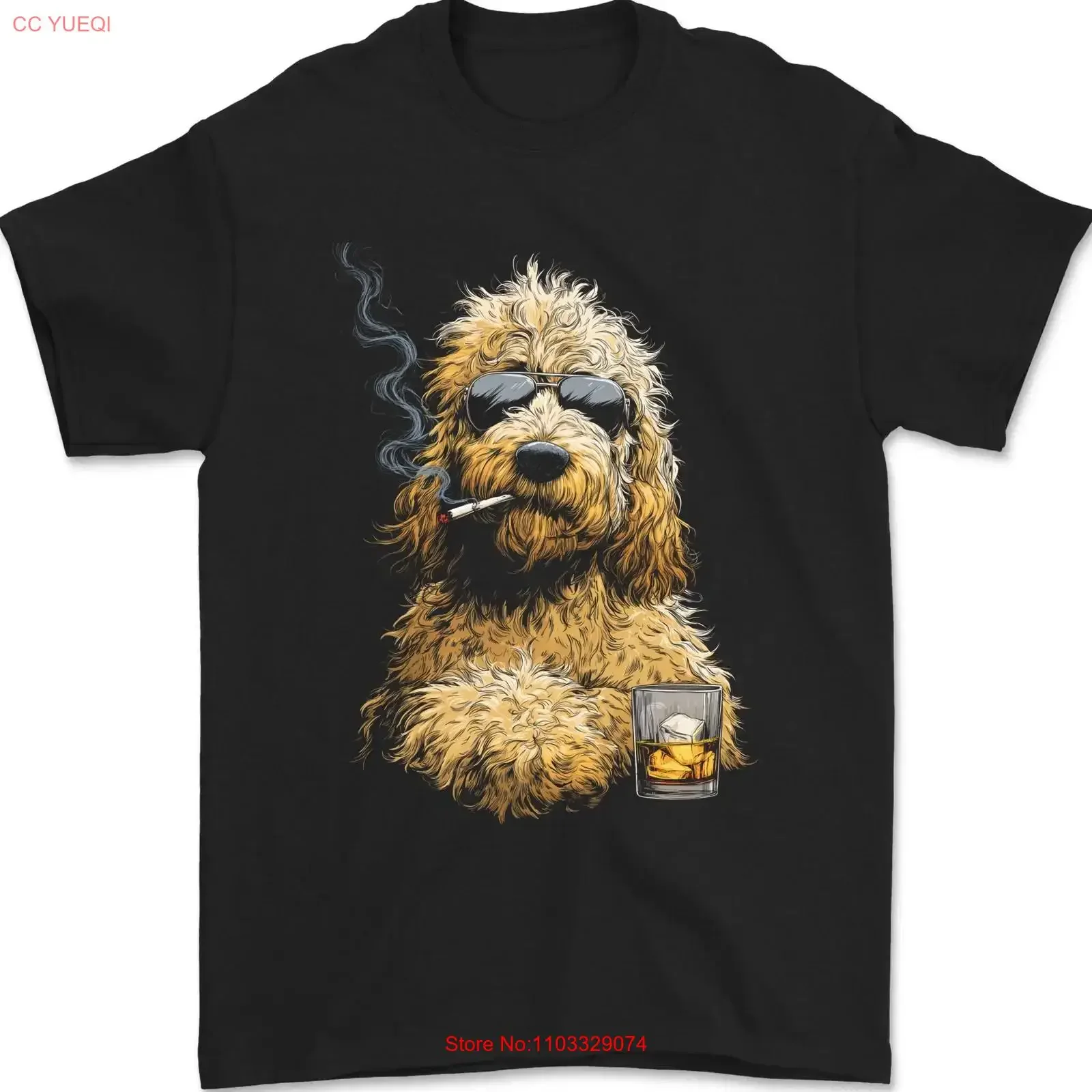 Camiseta Goldendoodle con diseño de perro divertido fumando cigarrillos y bebiendo whisky, estilo vintage, lavada, a la moda, transpirable, versátil y cómoda