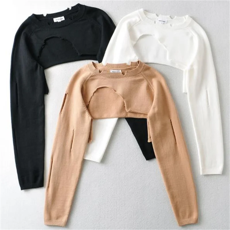 

Sexy fashion irregular knitted women's new ins high waist cropped navel short long-sleeved sweater