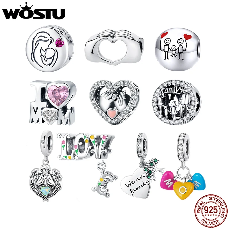 WOSTU Real 925 Sterling Silver Heart Pendents Gifts Charms Beads Fit Original DIY Bracelet Necklace Mother's Day Jewelry for Mom