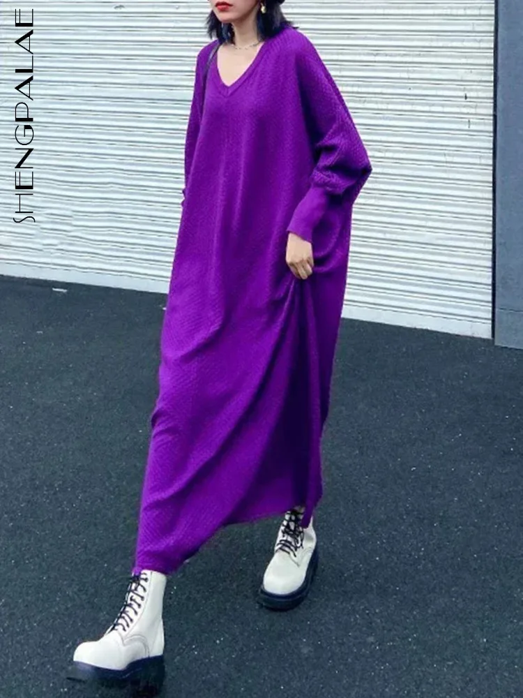 SHENGPALAE Knitted V Neck Long Dresses For Women Full Sleeve Solid Color Loose Temperament Female New 2025 Spring Dress 5G555