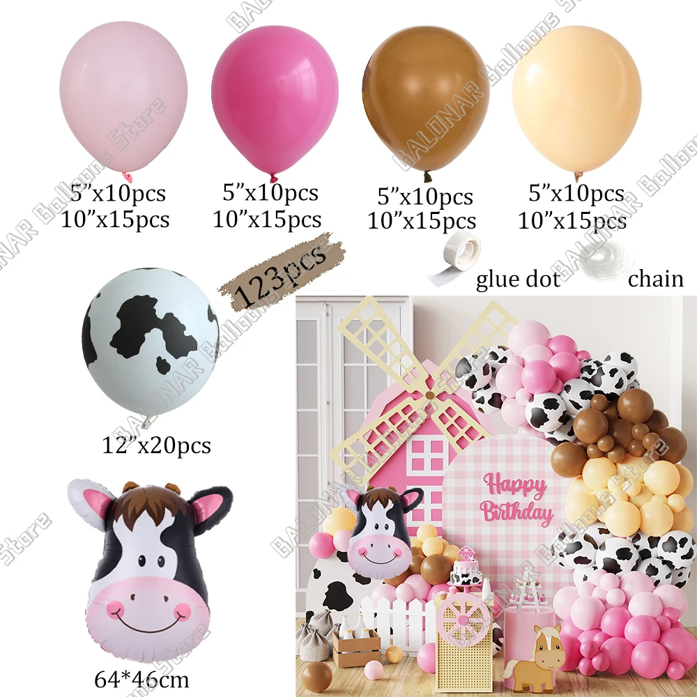 123pcs Farm Animal Theme Balloon Garland Cow Print Pink Balloons for Western Cowboy Theme Girl Birthday Party Baby Shower Decor