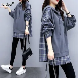 Loose streetwear grosso xadrez emendado sweatshirts duas peças falsas pullovers com capuz meados de comprimento manga longa roupas femininas selvagens