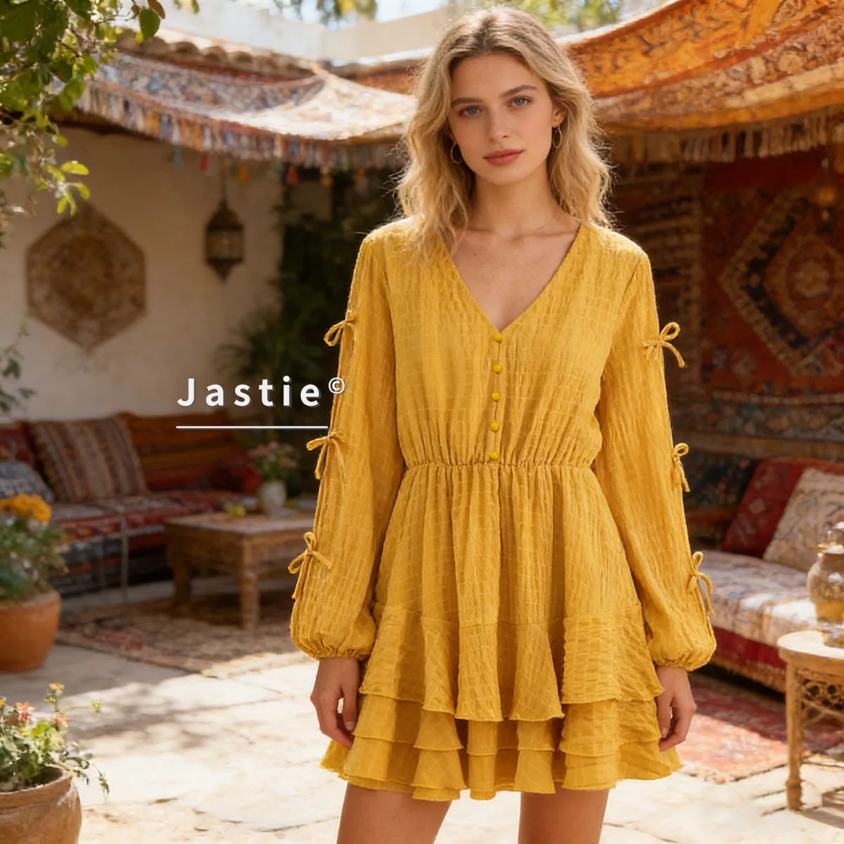 

Bohemian Yellow V Neck Mini Dress Women French Vintage Long Sleeve Bow Ruffle Beach Sundress 2026 Summer Fairy Casual Vestidos