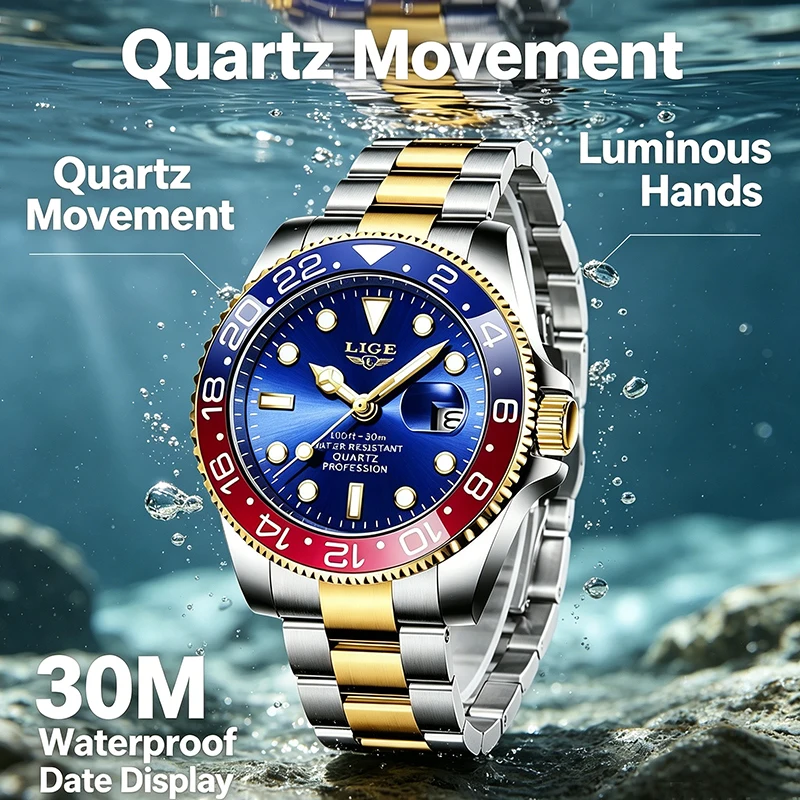 

LIGE TOP Man watch luminous stainless steel sports business quartz mens wristwatch luxury clock waterproof watches for men reloj