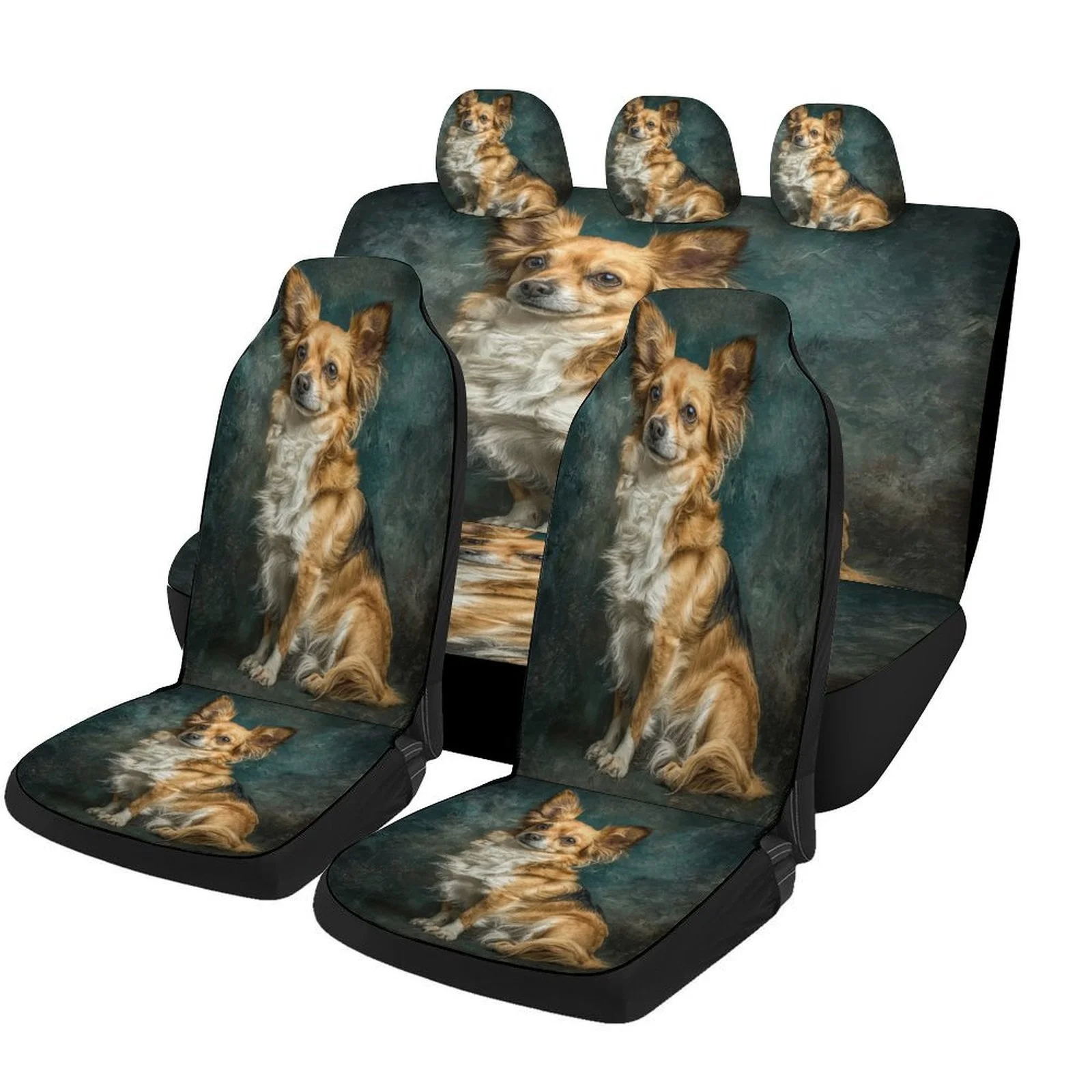 Set Of Car Seat Covers Featuring A Chihuahua Portrait, Designed For Various Vehicles. These Stylish And High-Quality Protectors
